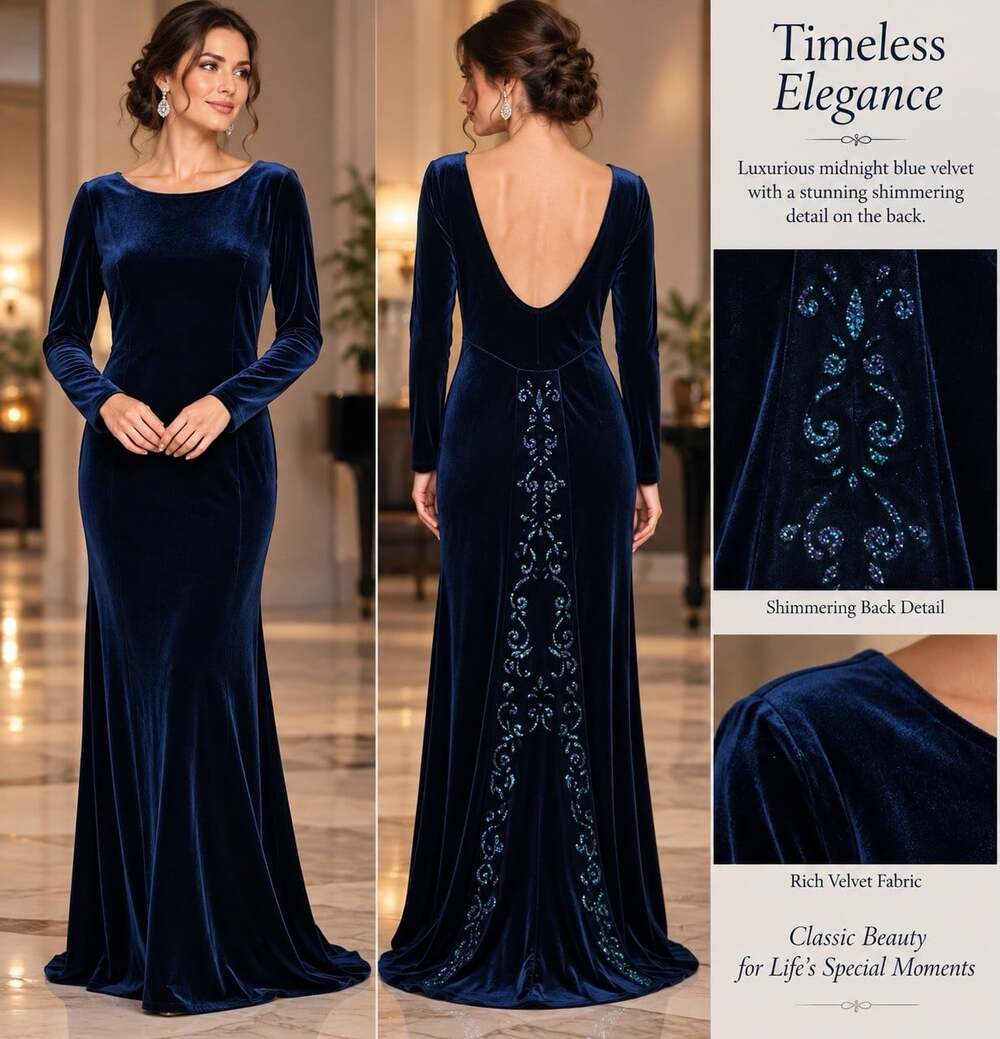 Vintage Midnight Blue Velvet Gown 14 Shimmer Open Back Formal Maxi Elegant